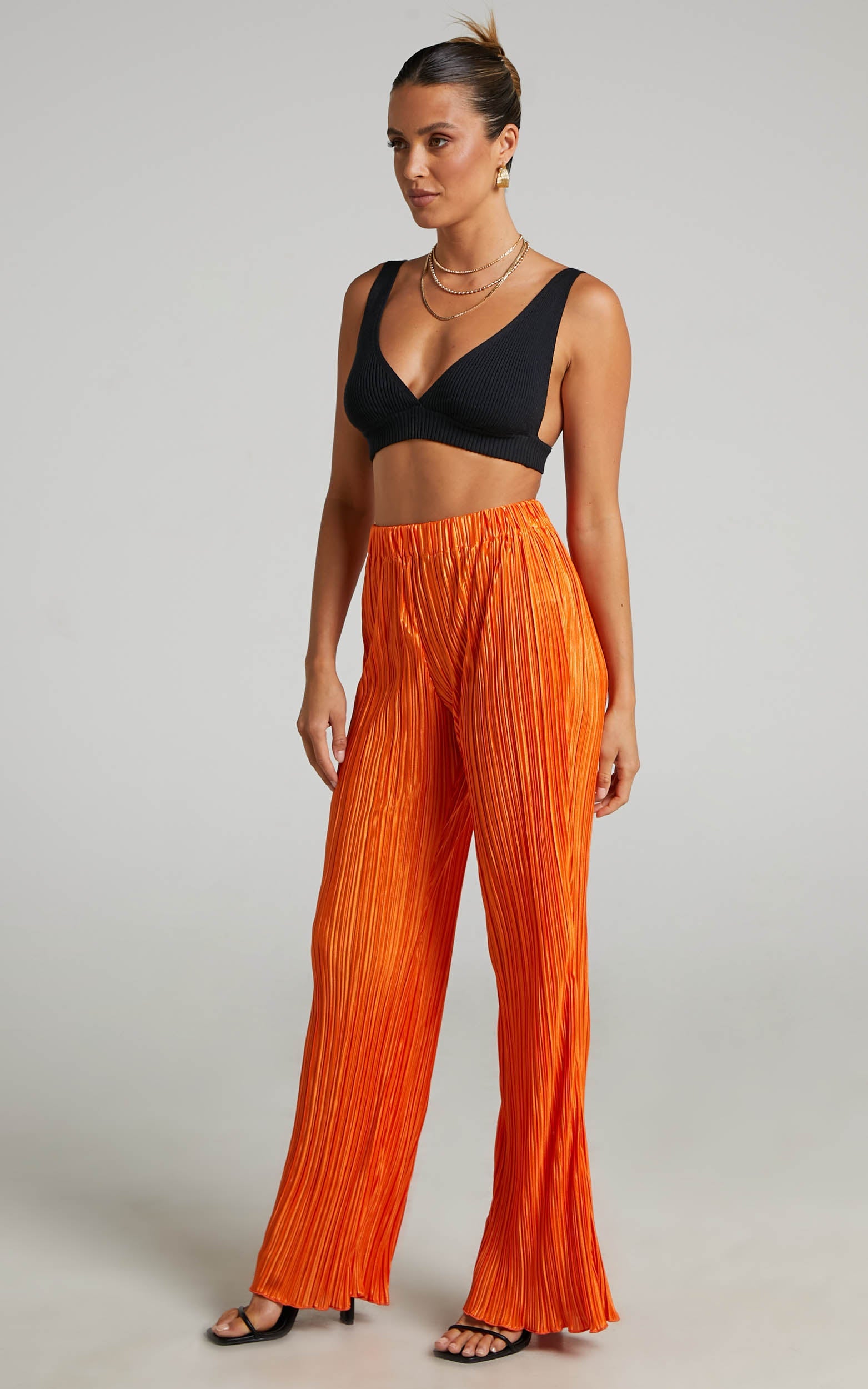 Beca Pants - High Waisted Plisse Flared Pants in Bright Orange