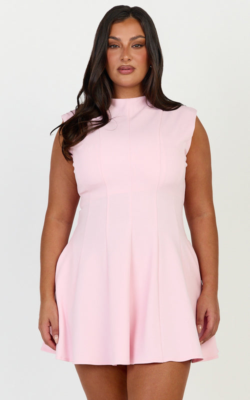 Becky Mini Dress - High Neck Sleeveless Fit And Flare Dress in Pink