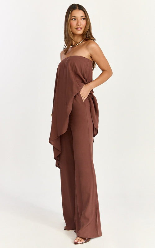 Bella Two Piece Top and Pants Set - Long Line Assym Top And Wide Leg Pants Set in Chocolate