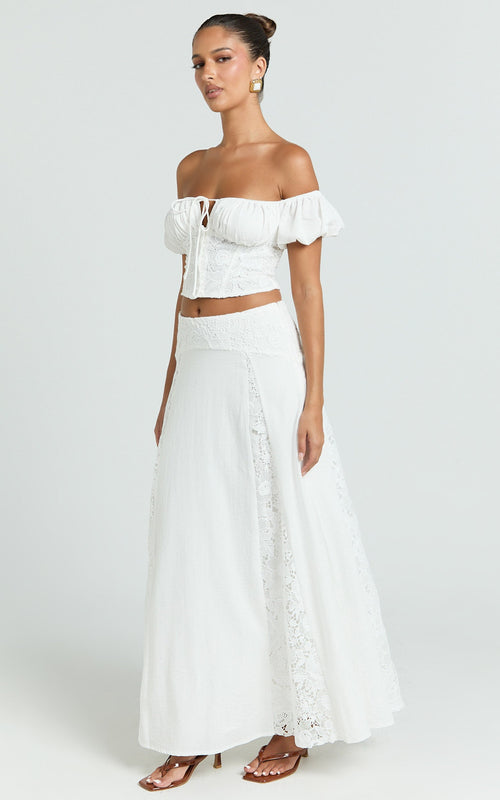 Belle Two Piece Set - Off Shoulder Top and Maxi Skirt Set in White