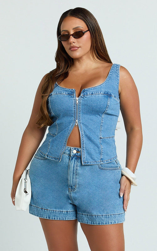 Bellerose Top - Front Zip Denim Fitted Top in Mid Blue