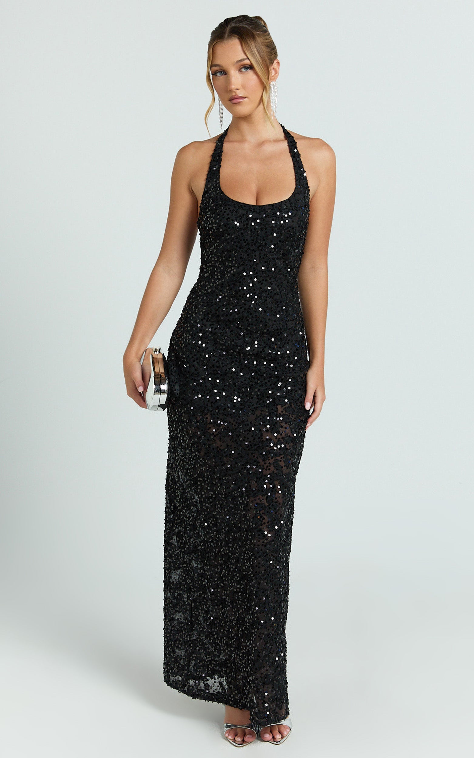 Benny Maxi Dress - Halter Neck Backless Bodycon Dress in Black