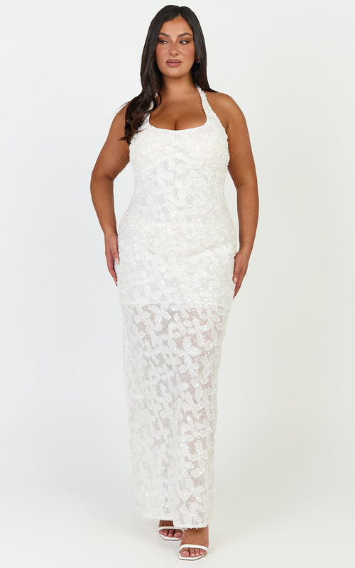Benny Maxi Dress - Halter Neck Backless Bodycon Dress in Off White