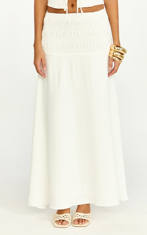 Bianca Midi Skirt - Shirred Yoke Circle Hem Skirt in White