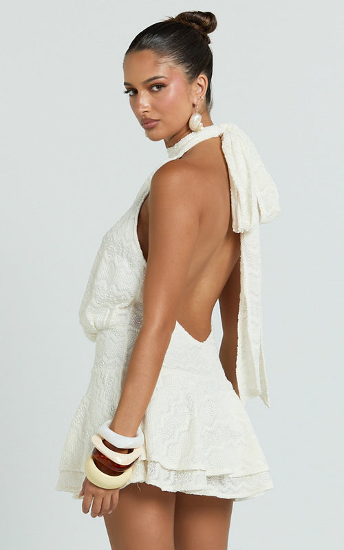 Bonnie Mini Dress - Backless Halter Drop Waist Dress in Ivory