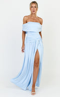 Bree Maxi Dress - Off Shoulder Draped Sash Dress in Blue