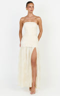 Brielle Maxi Dress - Strapless Gathered Fit & Flare Lace Dress in Champagne