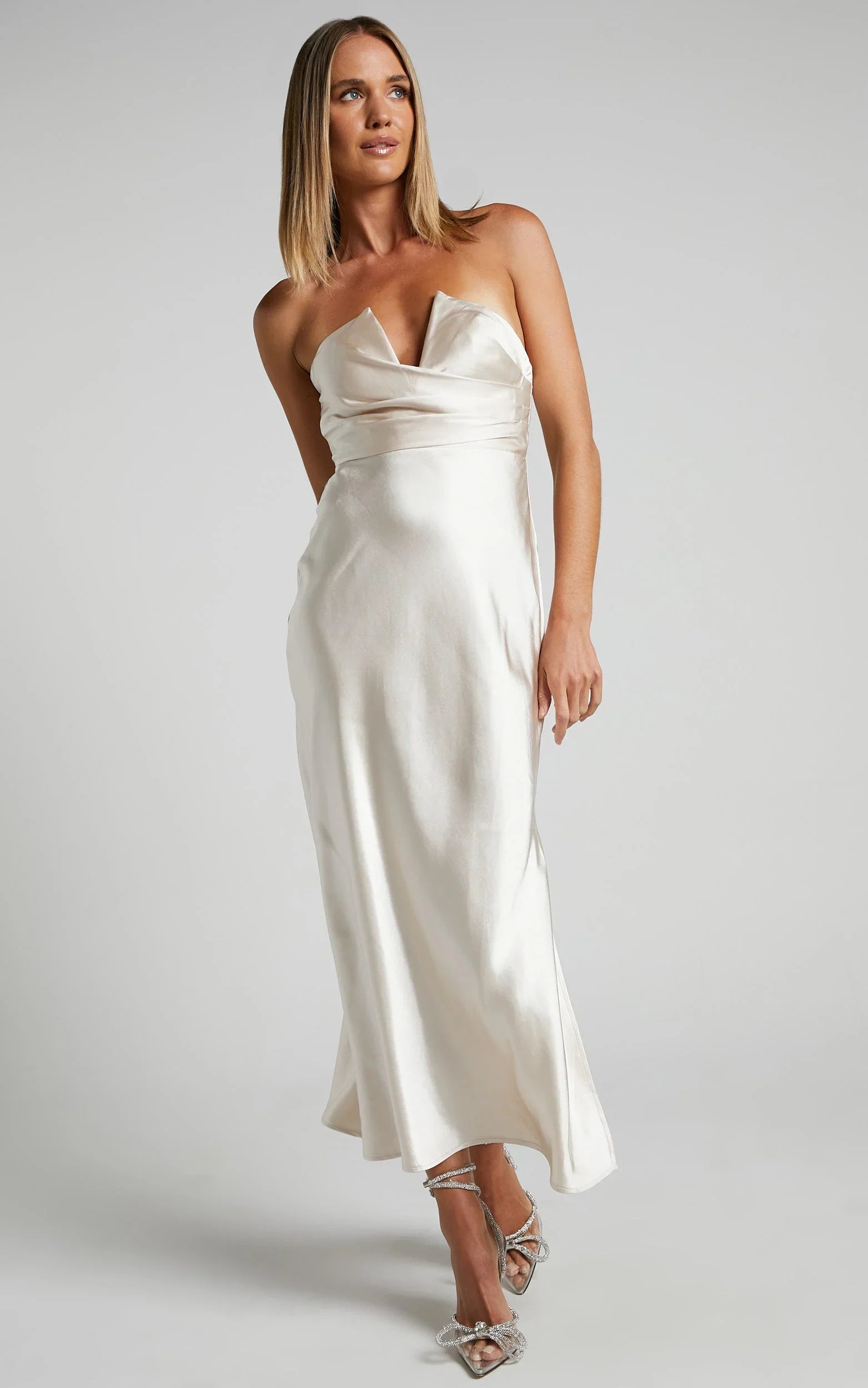 Jaslynn Midi Dress - Strapless V Neck Satin Dress in Champagne