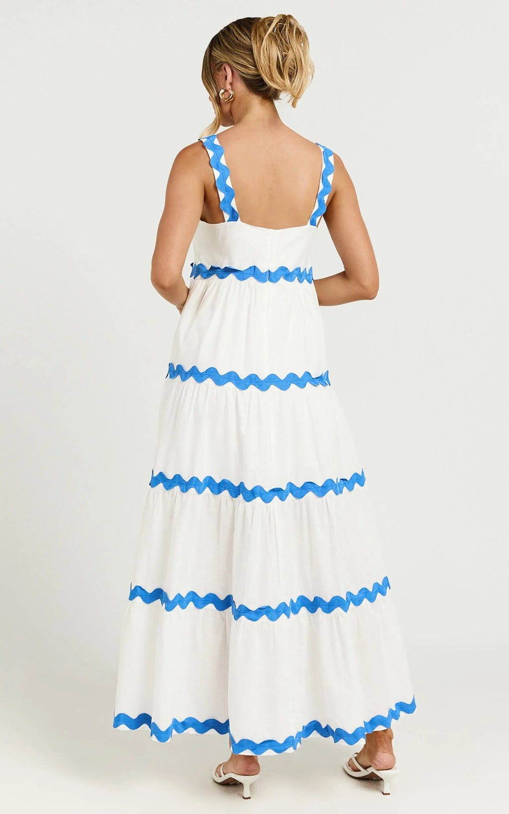 Brenda Midi Dress - Sleeveless Straight Neck Wave Detail A Line Dress in White