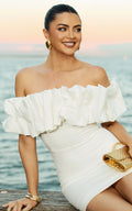 Coraline Mini Dress - Ruffle Off Shoulder Fitted Dress in White