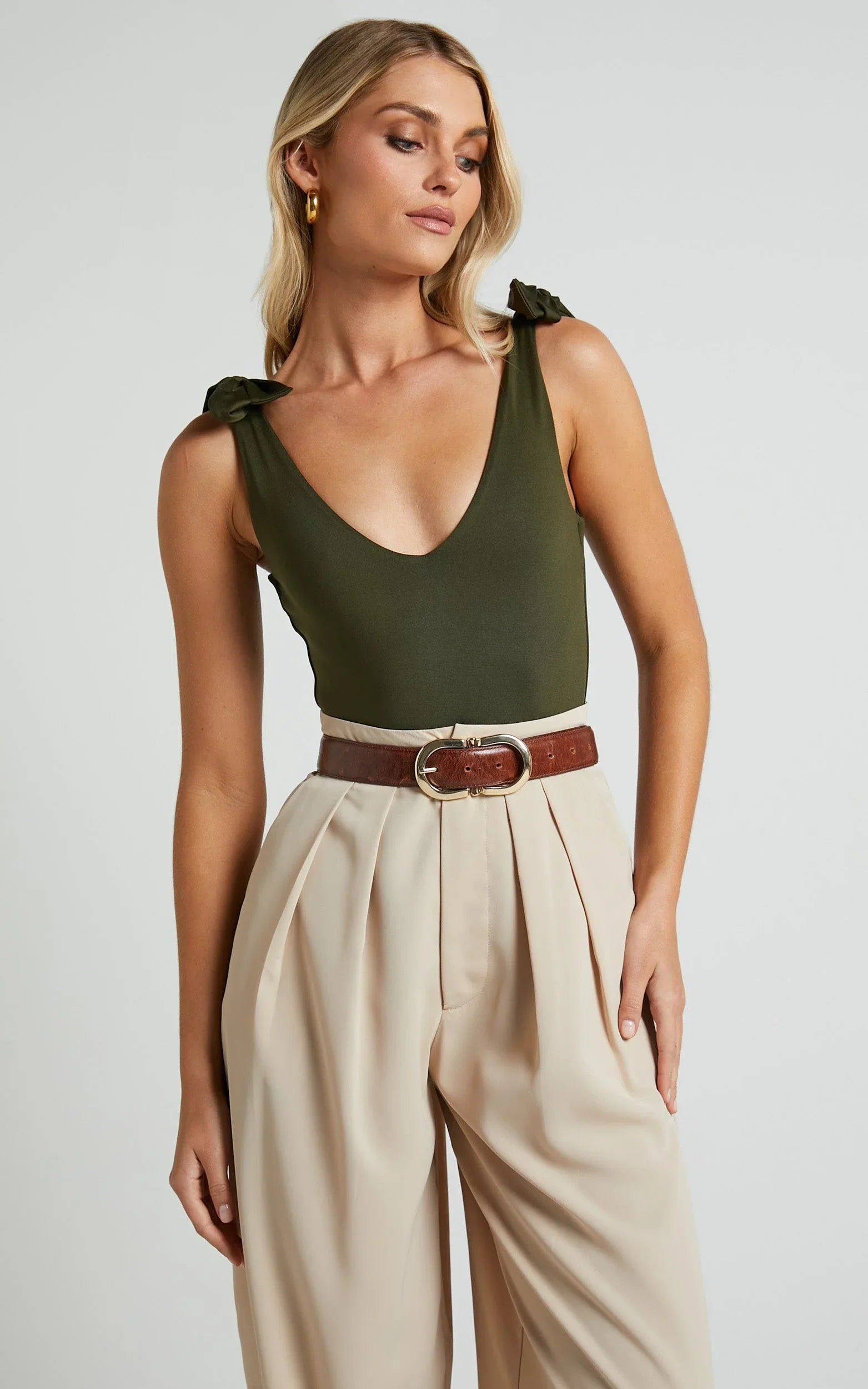 Ryley Bodysuit - V Neck Tie Up Bodysuit in Olive