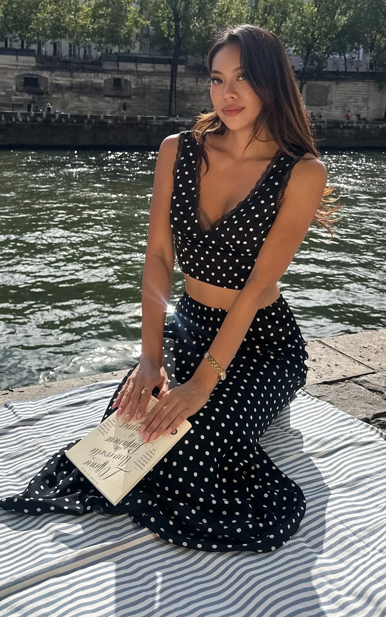 Amari Maxi Skirt - High Waisted Bias Cut Skirt in Black Polka Dot