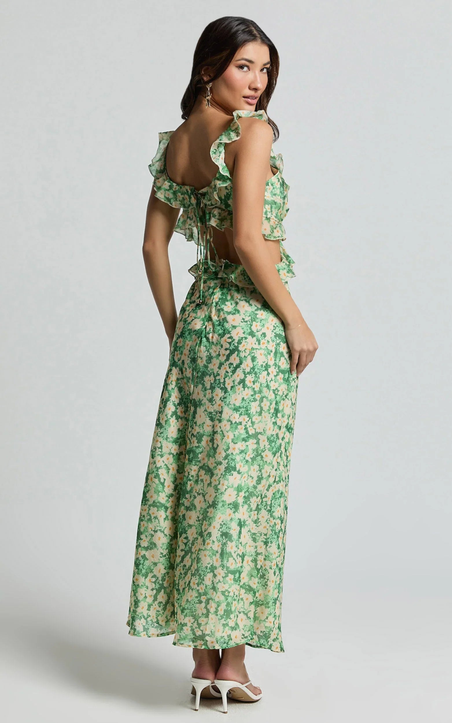 Dahlia Midi Dress - Ruffle Details Slip Dress in Green Floral
