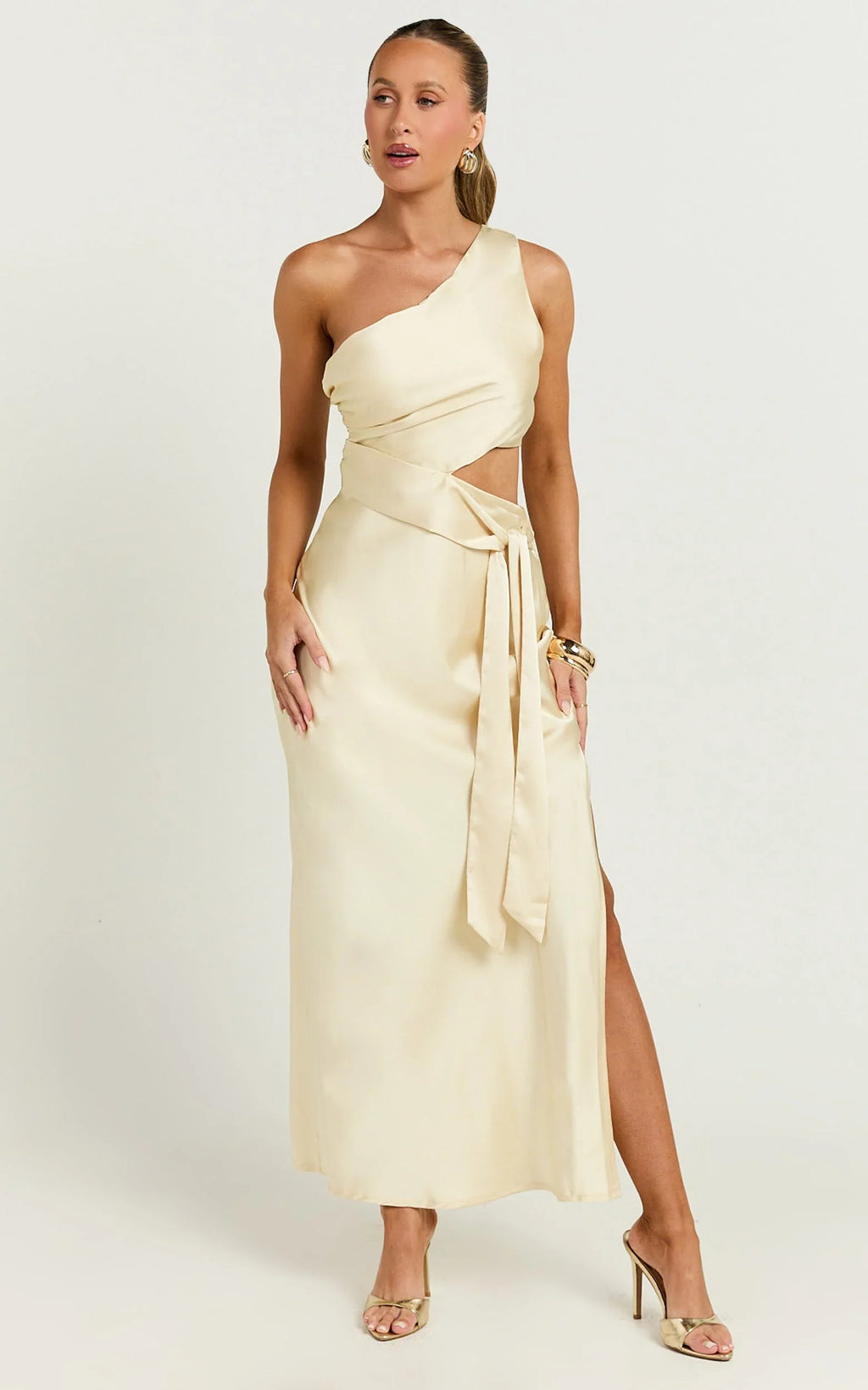 Regina Midi Dress - One Shoulder Cut Out Side Detail  Dress in Butter