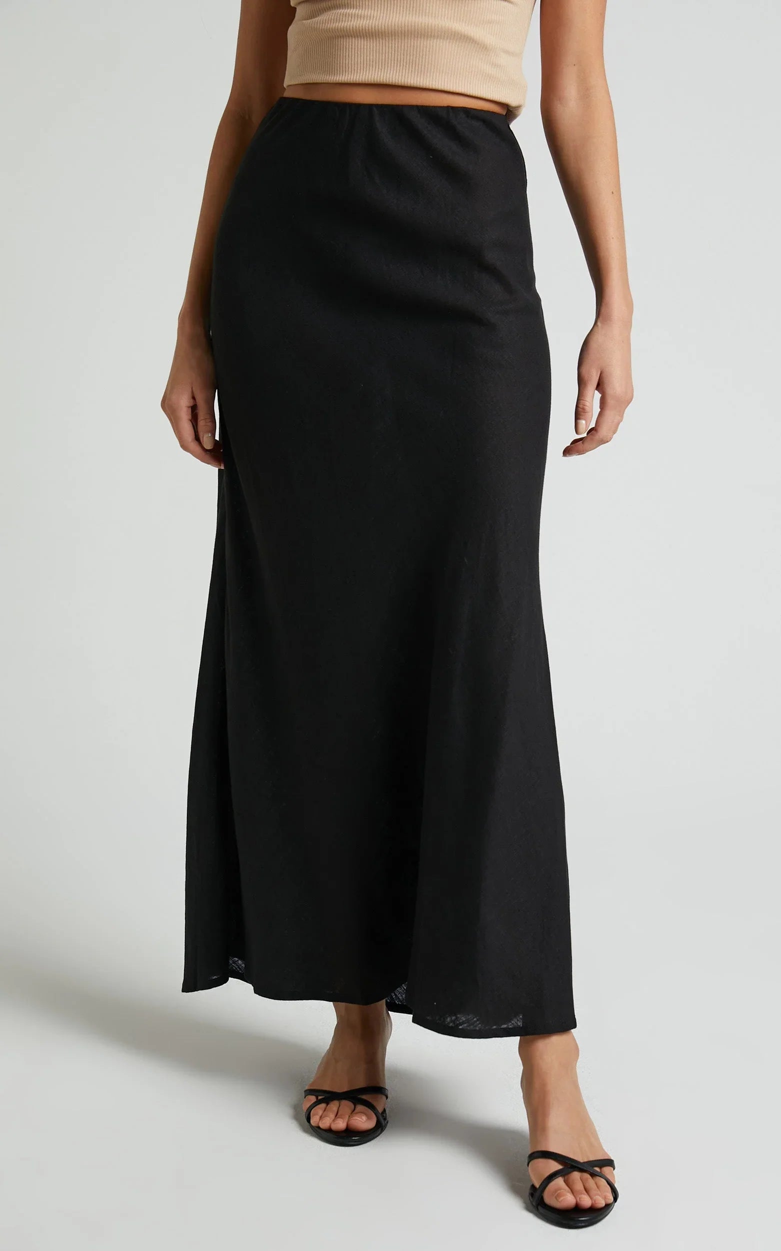 Collins Midi Skirt - Linen Look High Waisted Linen Look Bias Slip Skirt in Black