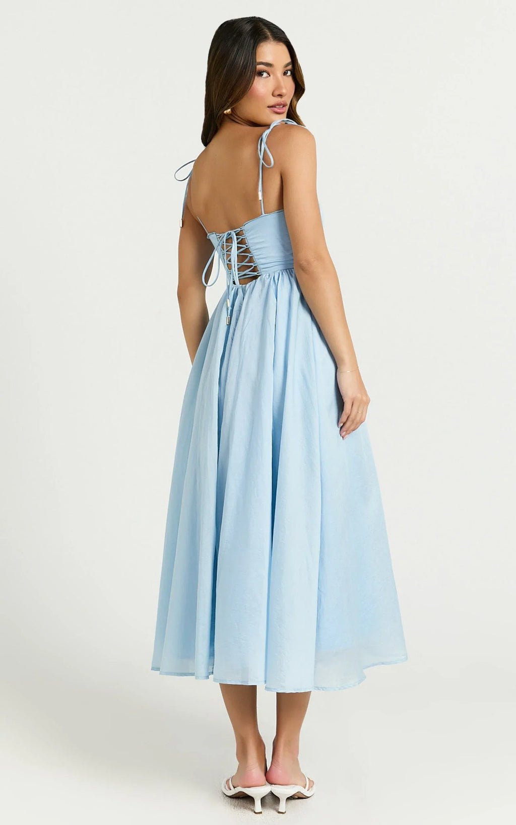 Dolores Midi Dress - Strappy Ruched Bust Corset Waist Dress in Blue