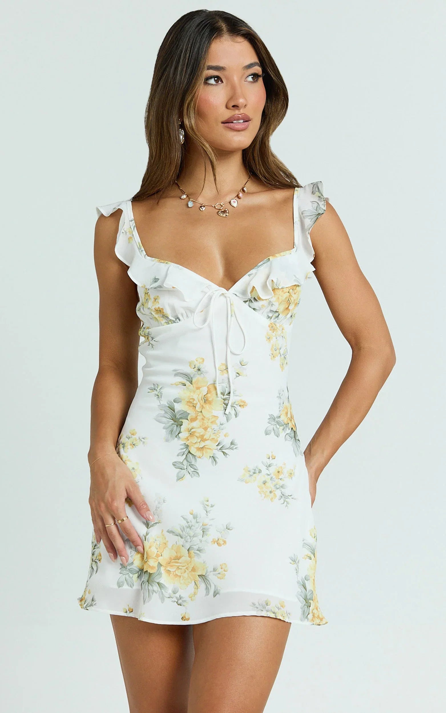 Azra Mini Dress - Georgette Frill Shoulder Sweetheart A Line Dress in Antique Florals