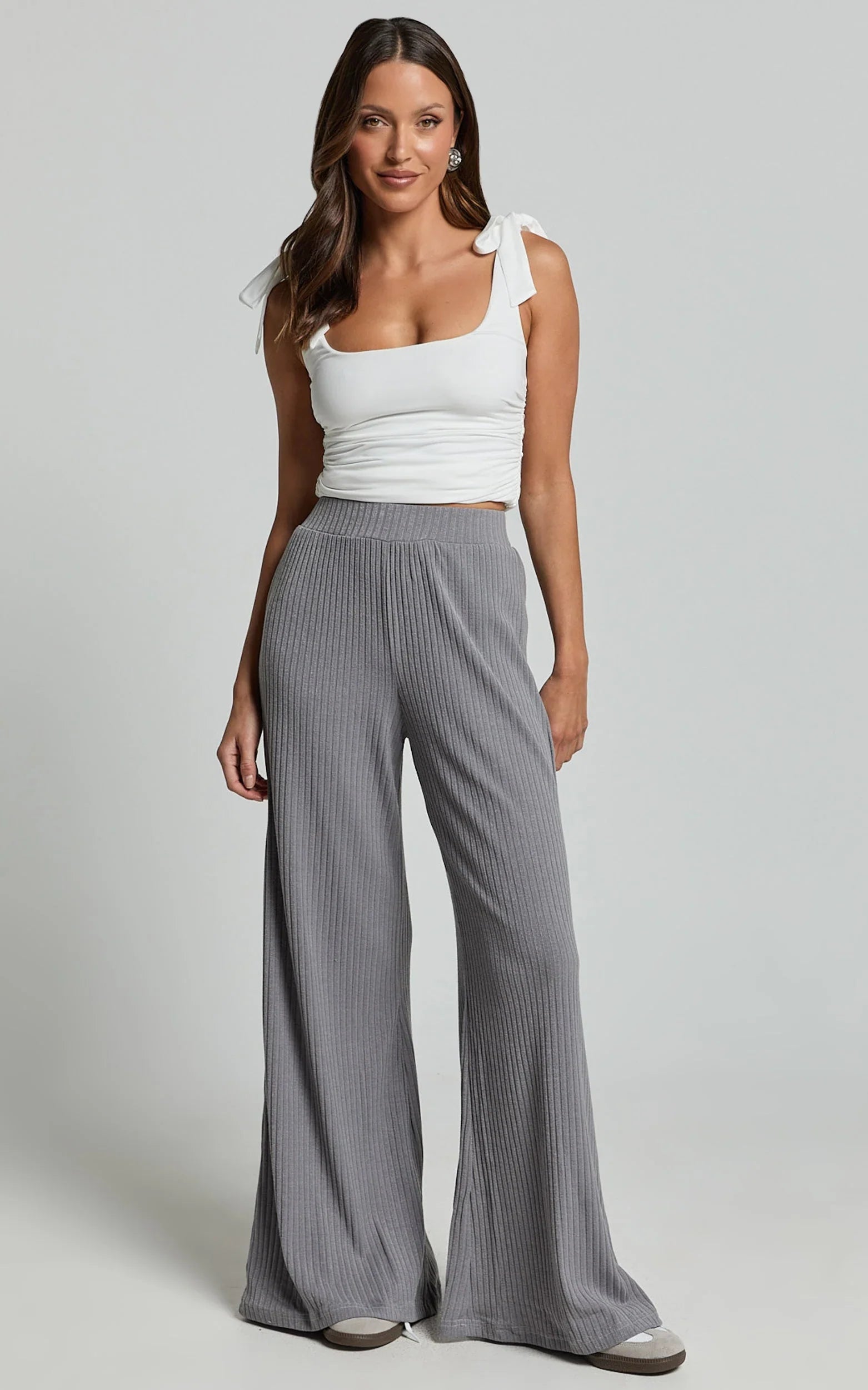 Adriana Pants - Ribbed High Waist Wide Leg Pants in Slate Grey