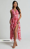 Marga Maxi Dress - Plunge Ruffle Detail Cut Out Dress in Petal Paradise