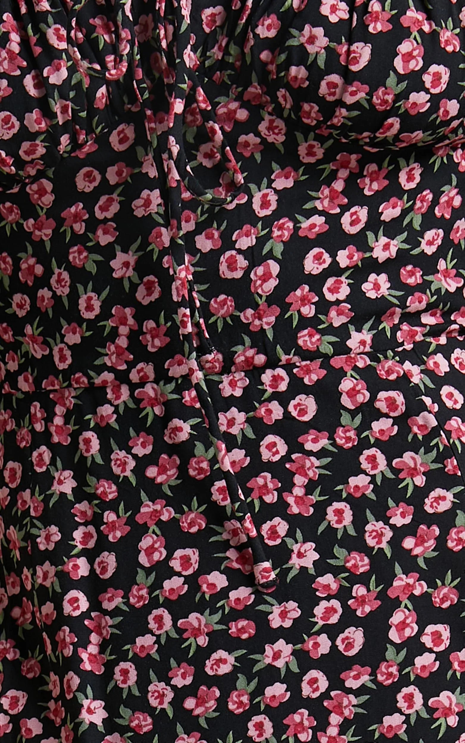 Rosario Midi Dress - Ruched Bust Puff Sleeve Dress in Black Floral