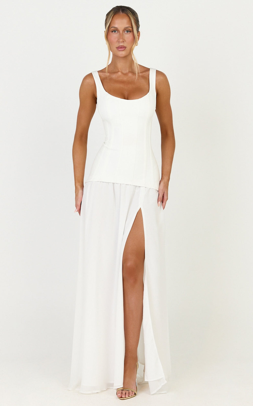 Coco Maxi Dress - Corset Bodice Fit And Flare Dress in White