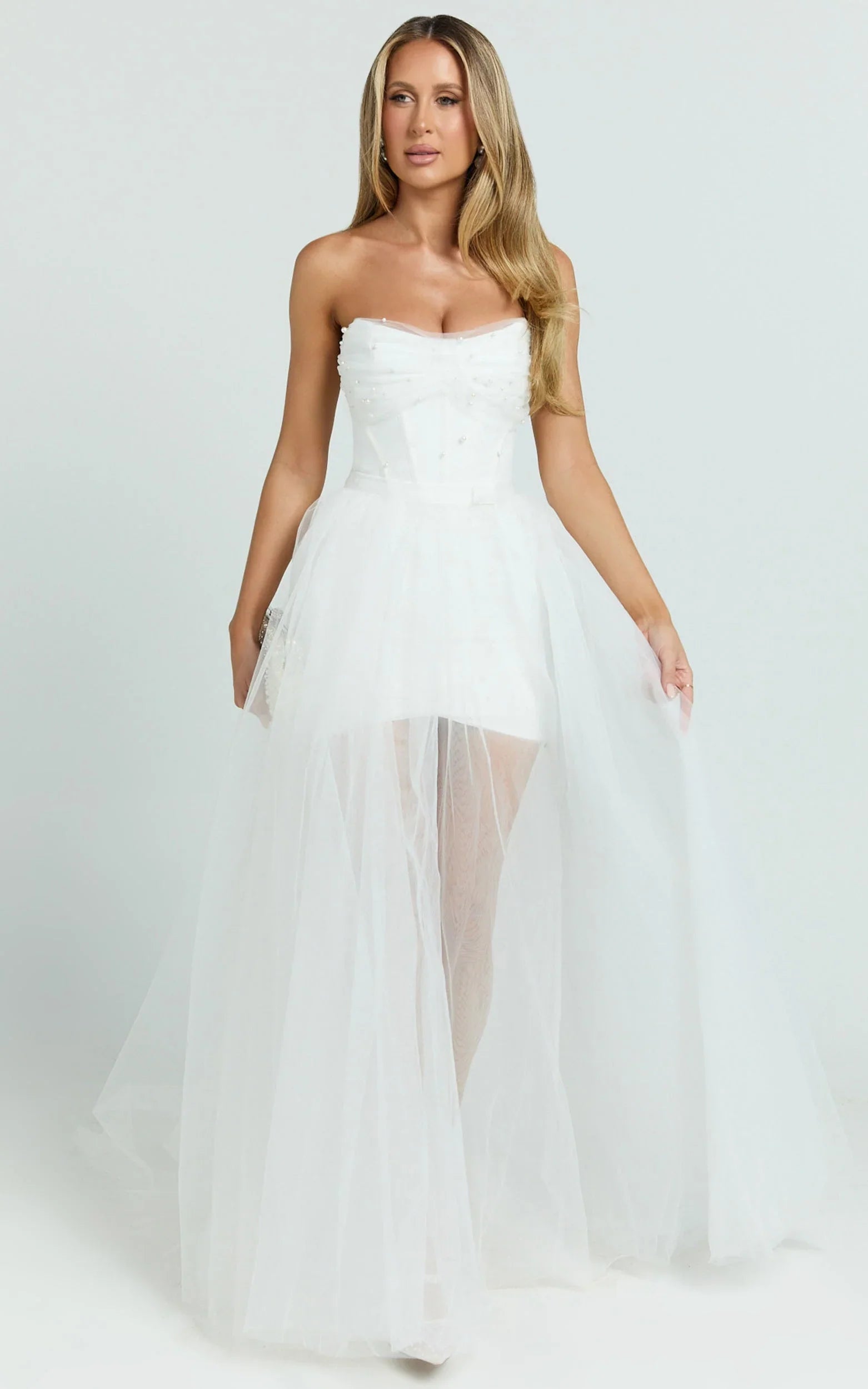 Kelsey Mini Dress - Beaded Strapless Corset Panel Dress with Detachable Tulle Skirt in White