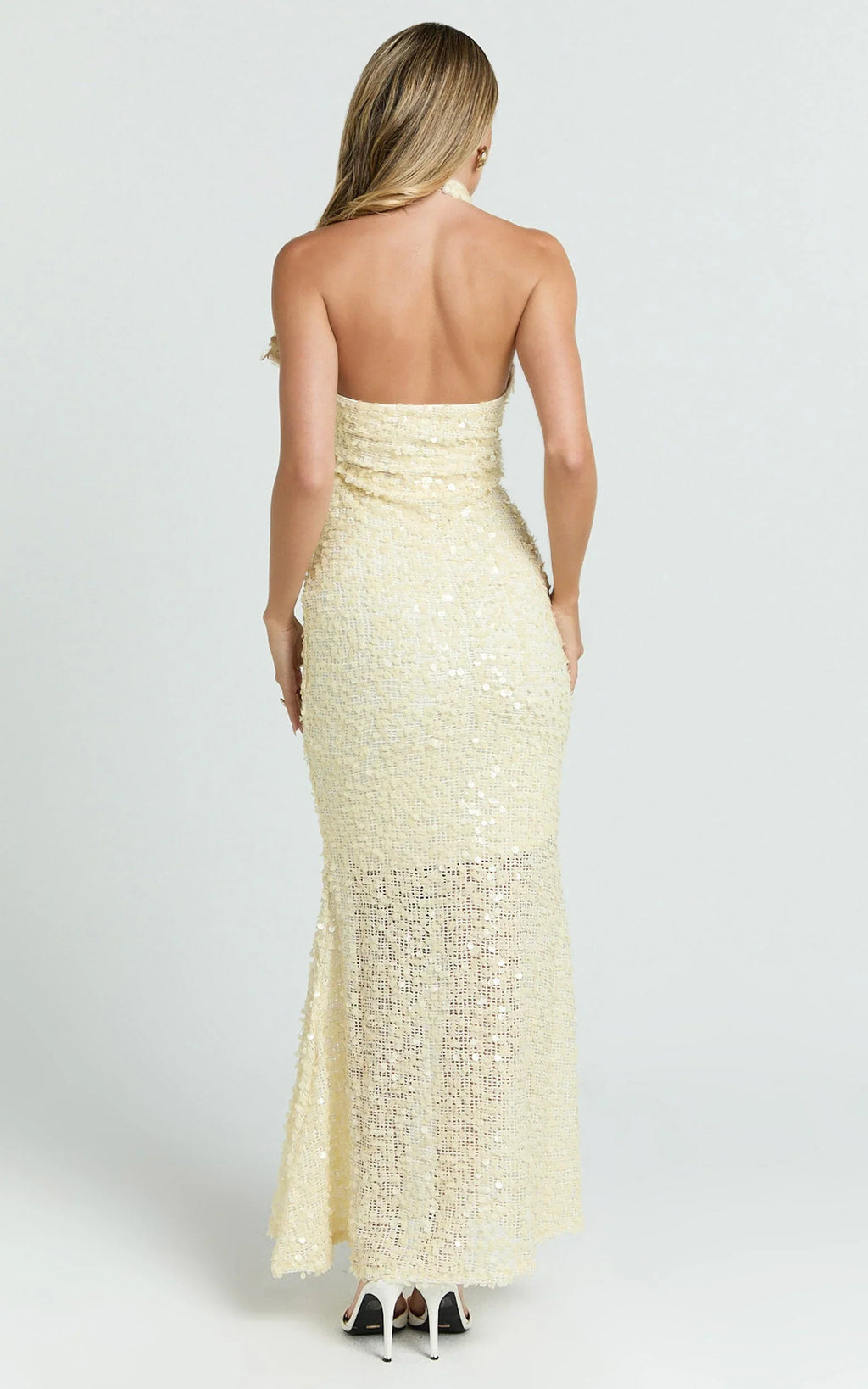 Celeste Maxi Dress - Sequin Halter Low Back Dress in Lemon