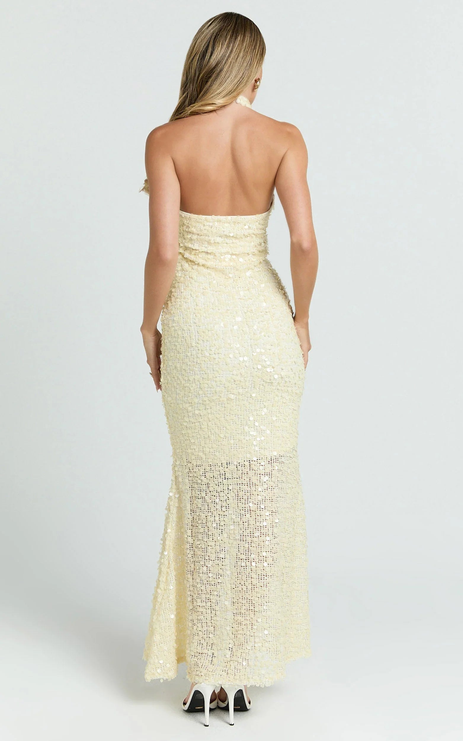 Celeste Maxi Dress - Sequin Halter Low Back Dress in Lemon