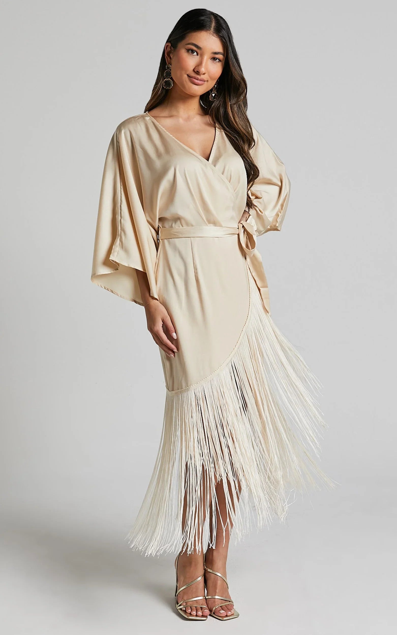 Harlen Midi Dress - V Neck 3/4 Sleeve Asymmetric Fringe Hem Wrap Dress in Champagne