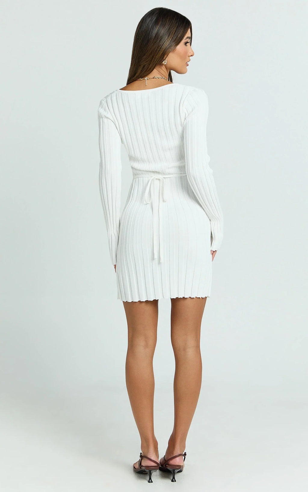 Carissa Mini Dress - V Neck Long Sleeve Knit Dress in White