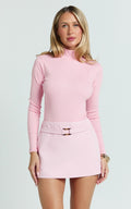 Isabela Bodysuit - High Neck Long Sleeve Ribbed Bodysuit in Pink