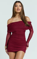 Clyde Mini Dress - Mesh Off Shoulder Ruched Bodycon Dress in Wine