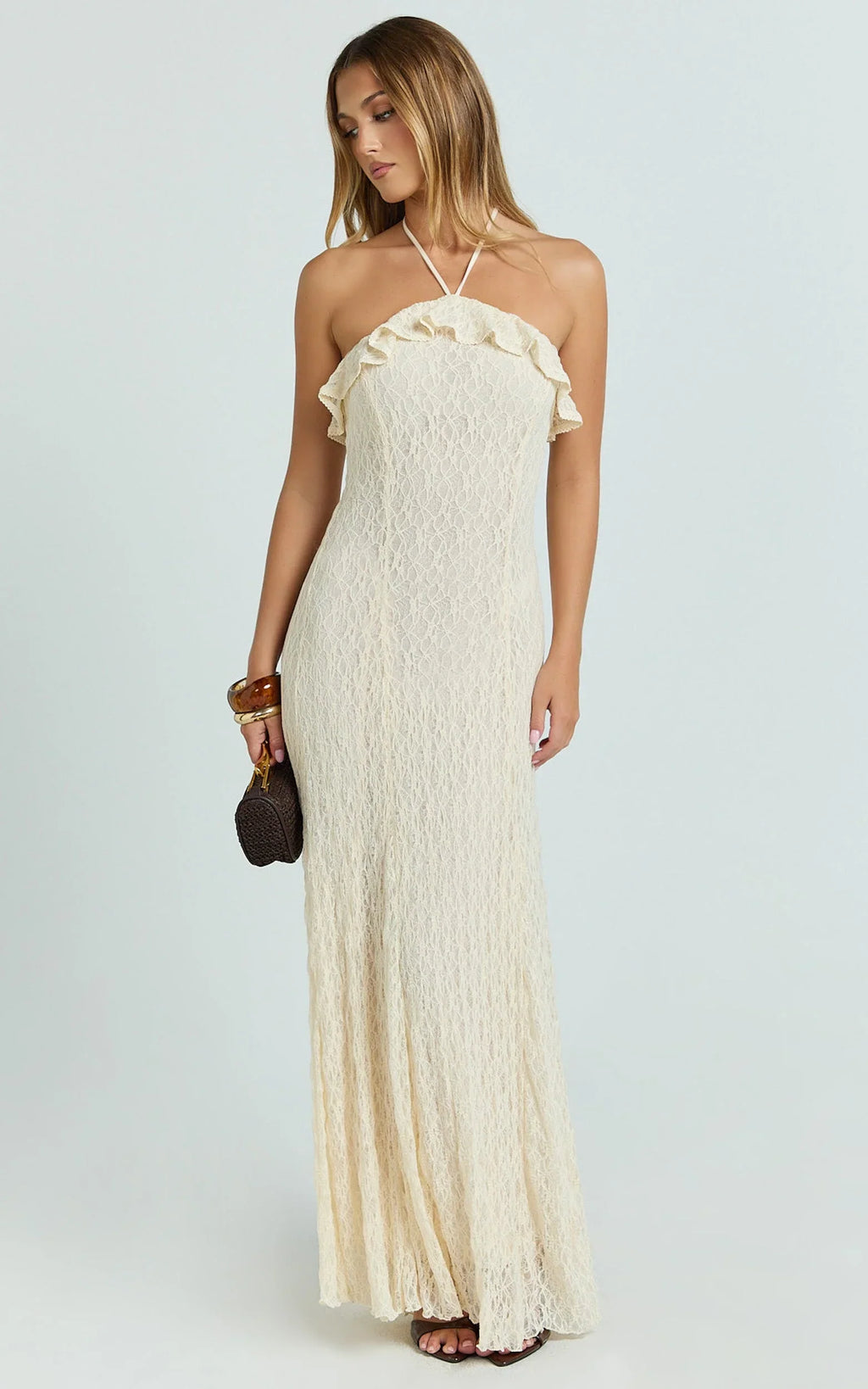 Rhea Maxi Dress - Lace Ruffle Halter A Line Godet Dress in Cream