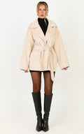 Dahlia Coat - Single Breasted Belted Short Wool Like Coat in Beige