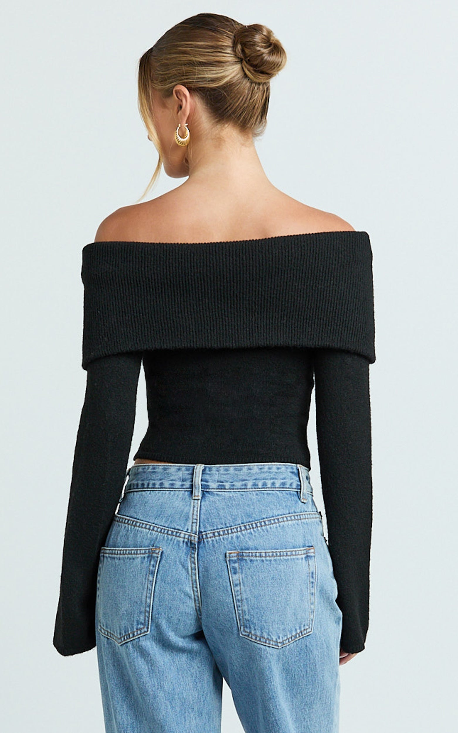 Darcie Top - Off Shoulder Long Sleeve Knit Top in Black