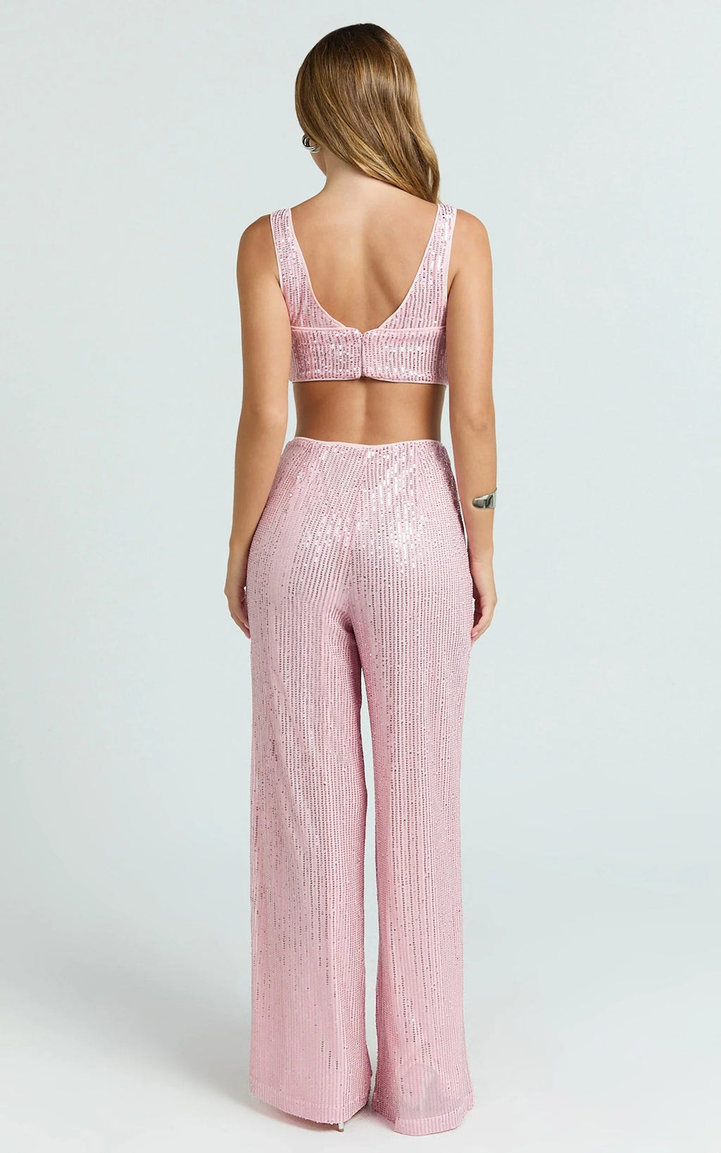 Abela Two Piece Set - Crop Top and Wide Leg Pants Set in Pink Sequin