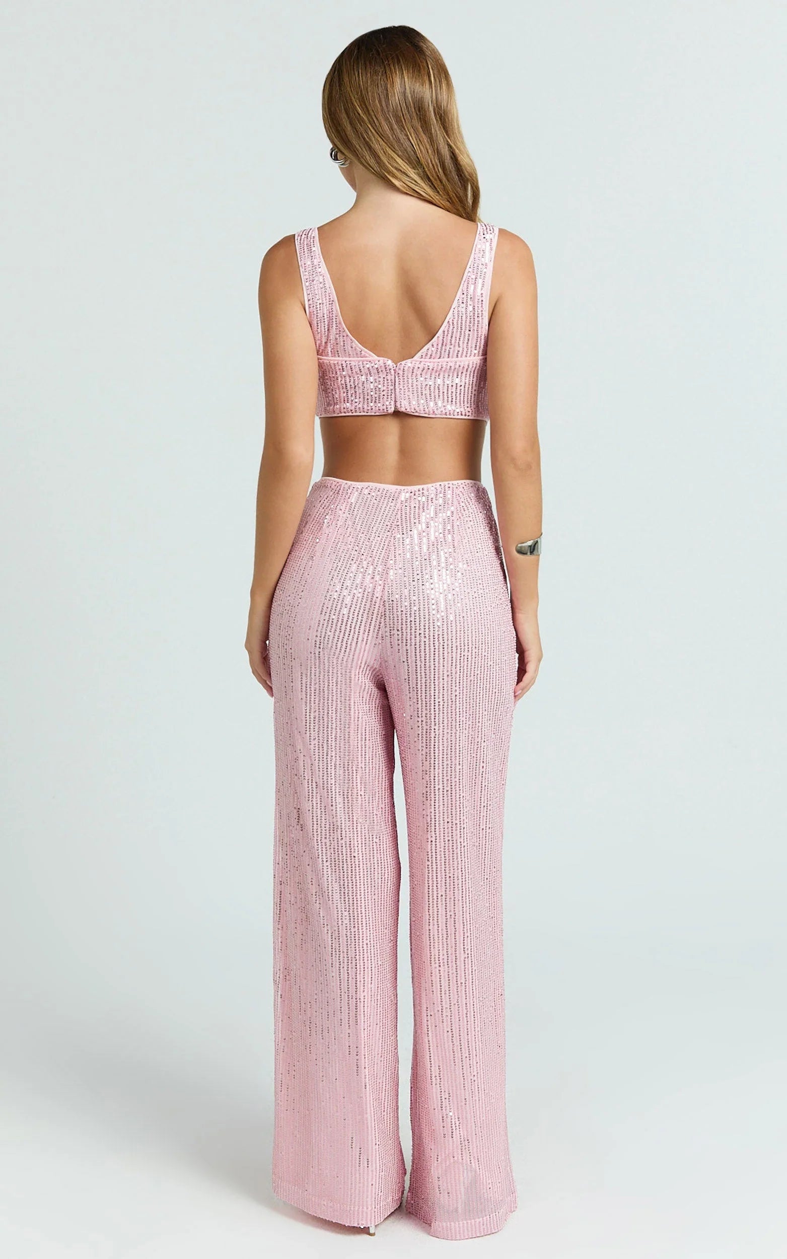 Abela Two Piece Set - Crop Top and Wide Leg Pants Set in Pink Sequin