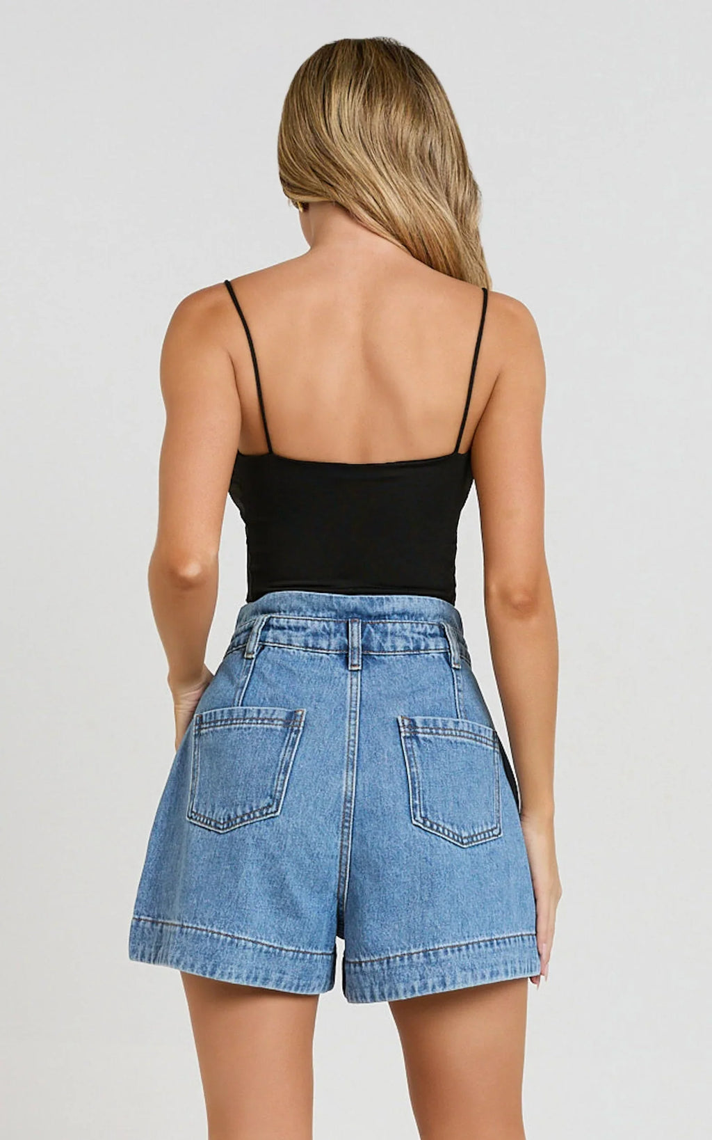 Kayla Shorts - High Waisted A Line Denim Shorts in Mid Blue Wash
