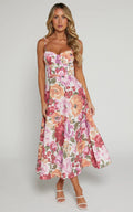 Robertson Midi Dress - Strappy Sweetheart Bustier Flare Dress in Spring Floral