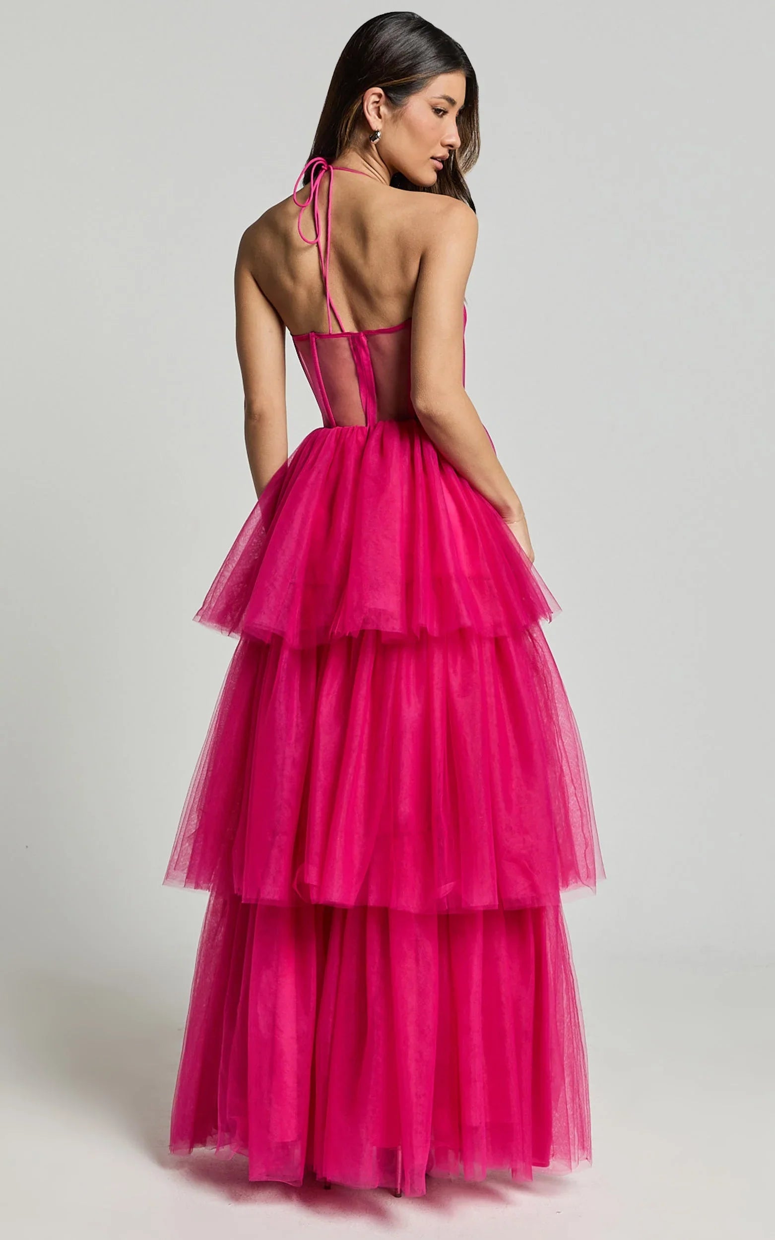 Ariel Maxi Dress - Tiered Tulle Bustier Halter Dress in Hot Pink