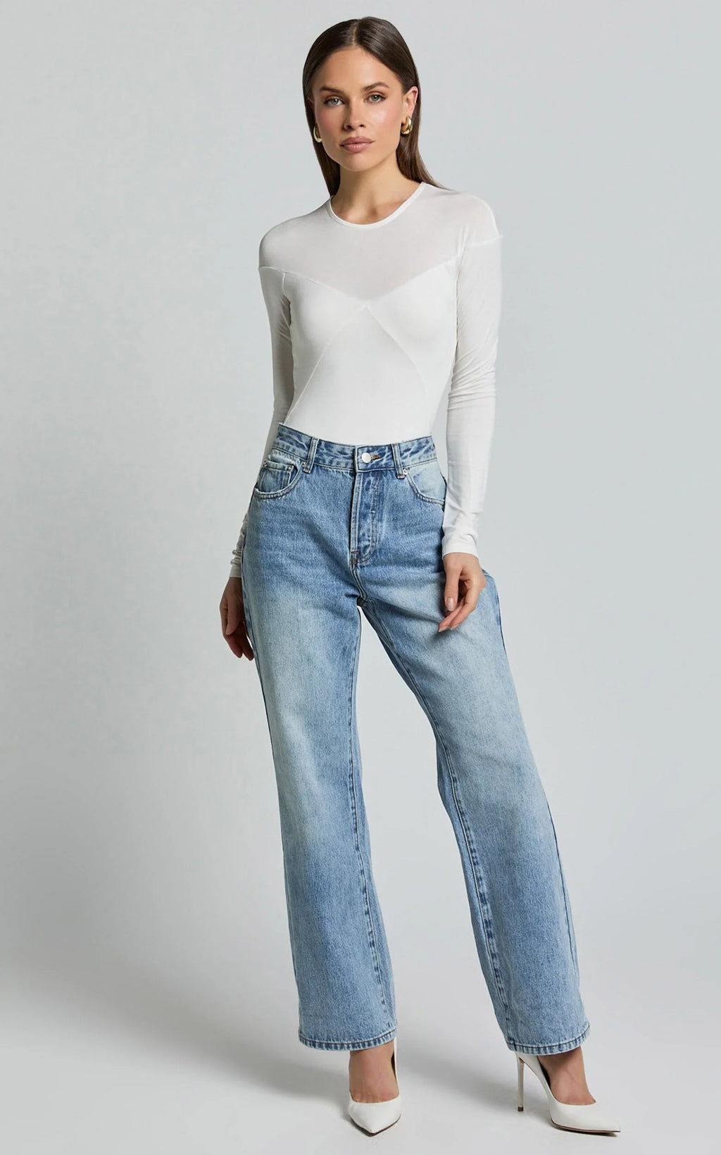 Kerryn Bodysuit - Long Sleeve Marl Cross Front Bodysuit in Ivory