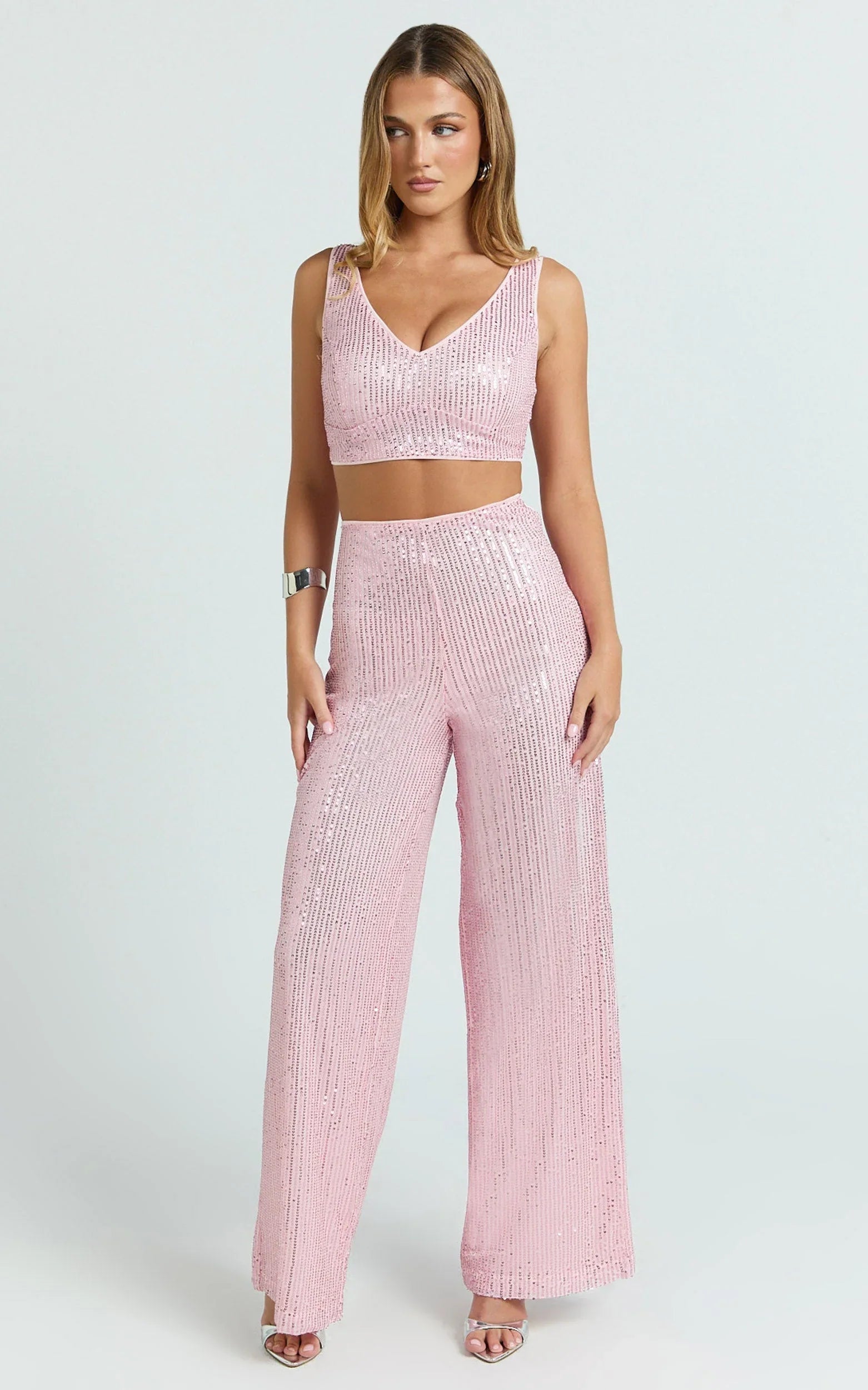 Abela Two Piece Set - Crop Top and Wide Leg Pants Set in Pink Sequin