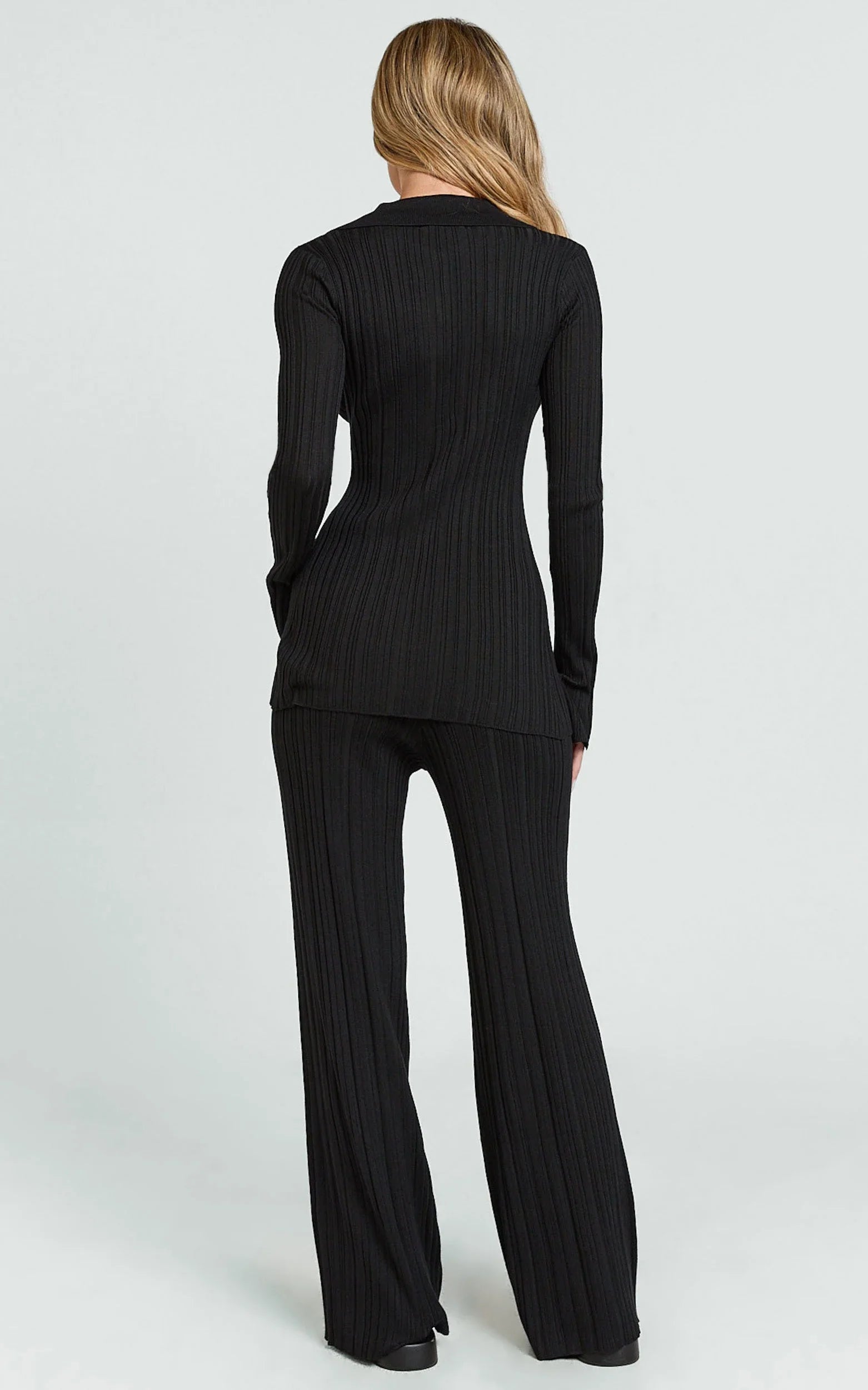 Kelsey Top - Button Through Long Sleeve Knitted Top in Black