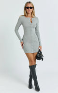 Nikola Mini Dress - Long Sleeve Placket Front Bodycon Dress in Grey Marle