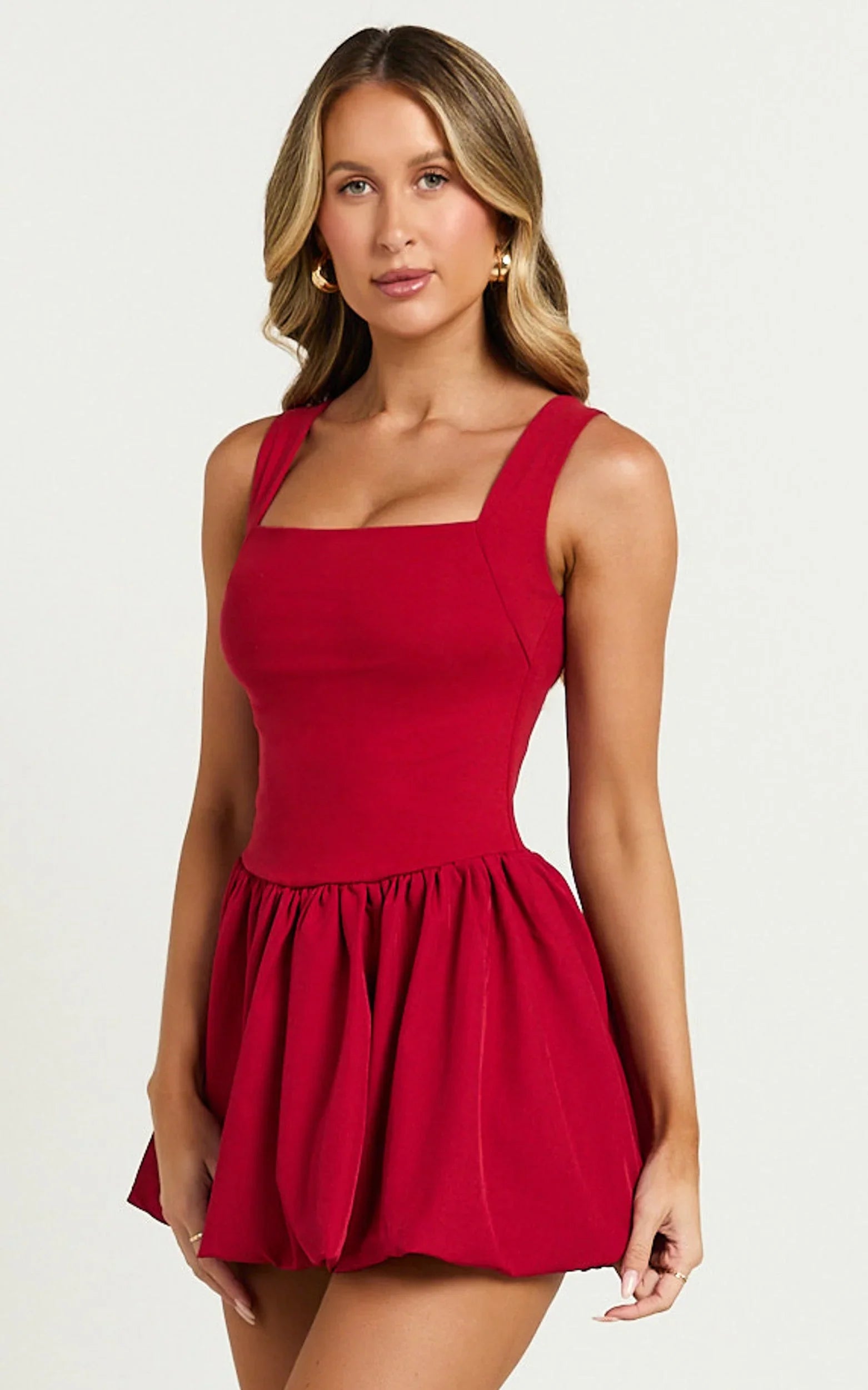 Bridgette Mini Dress - Straight Neck Sleeveless Bubble Hem Dress in Red