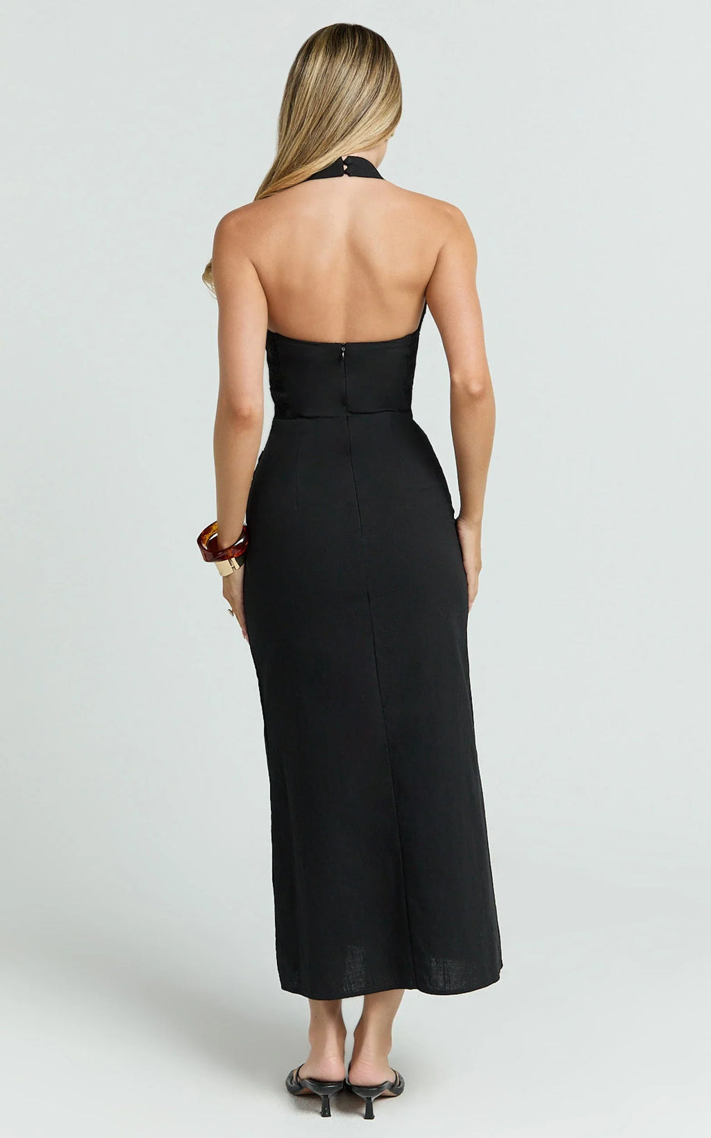 Murray Midi Dress - Deep U Halter Neck Dress in Black