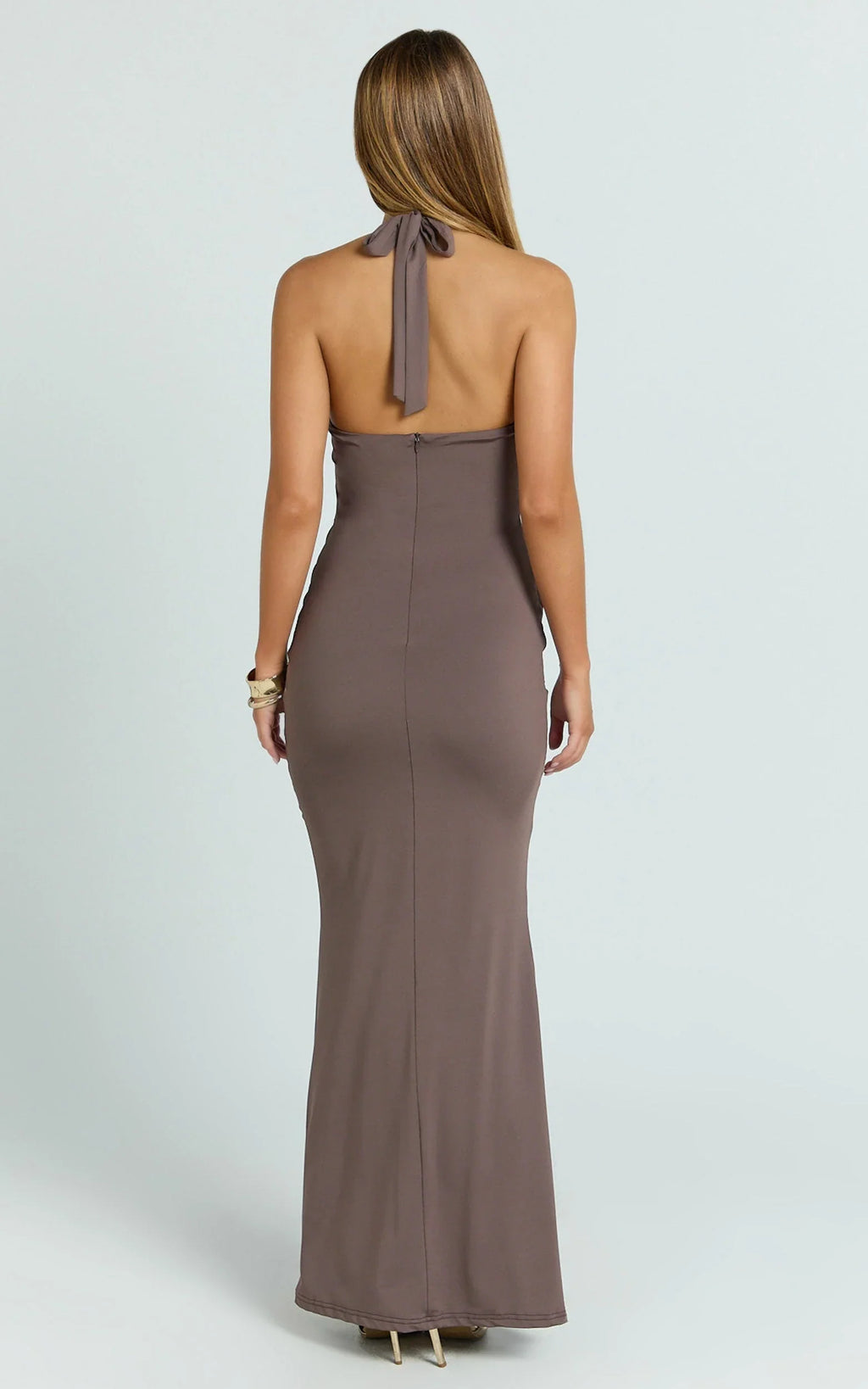 Heath Maxi Dress - Scoop Halter Neck With Drape Front Skirt Back Split Dress in Brown