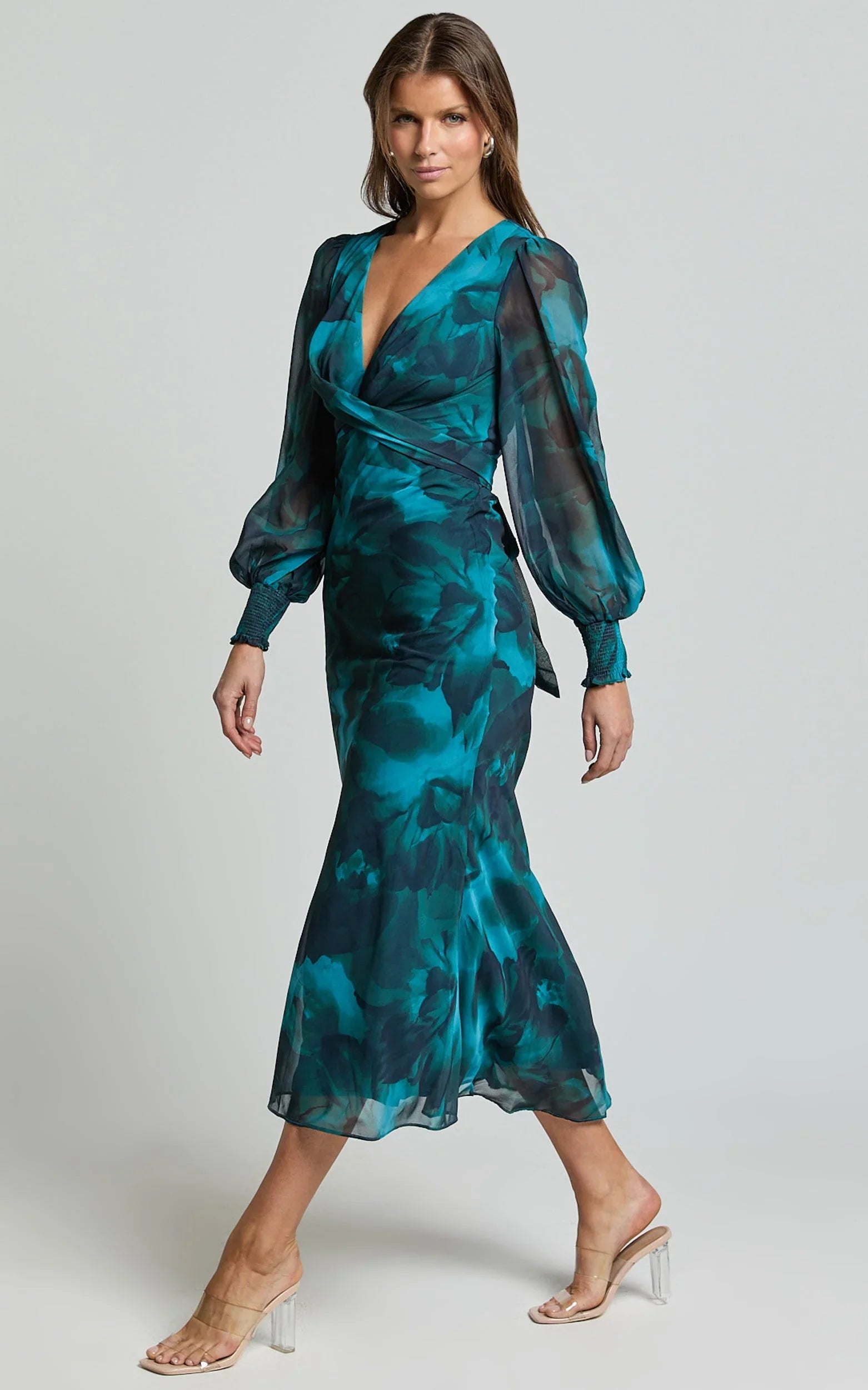 Artelia Midi Dress - V Neck Long Sleeve Slip Dress in Emerald