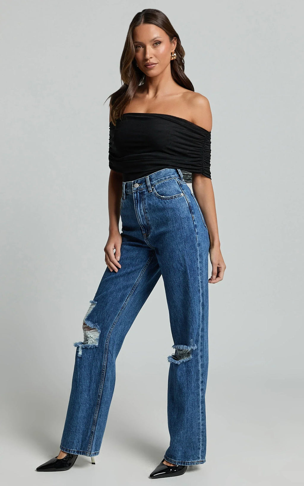 Miho Jeans - High Waisted Recycled Cotton Distressed Straight Leg Denim Jeans in Dark Blue Wash