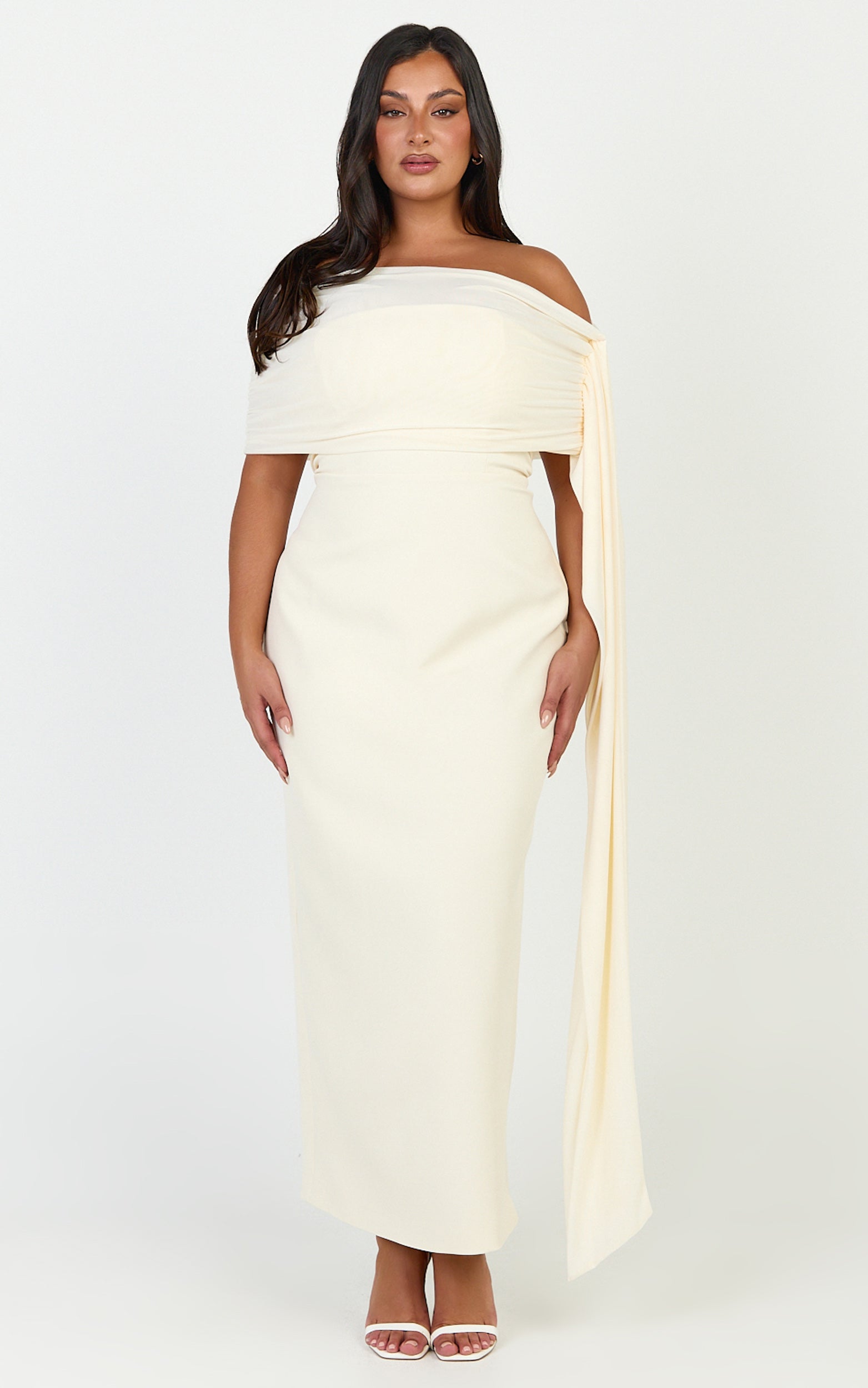 Elina Maxi Dress - Off Shoulder Contrast Mesh Draped Overlay Dress in Cream